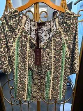 Hale Bob Black, White and Mint Green Printed V-Neck Blouse